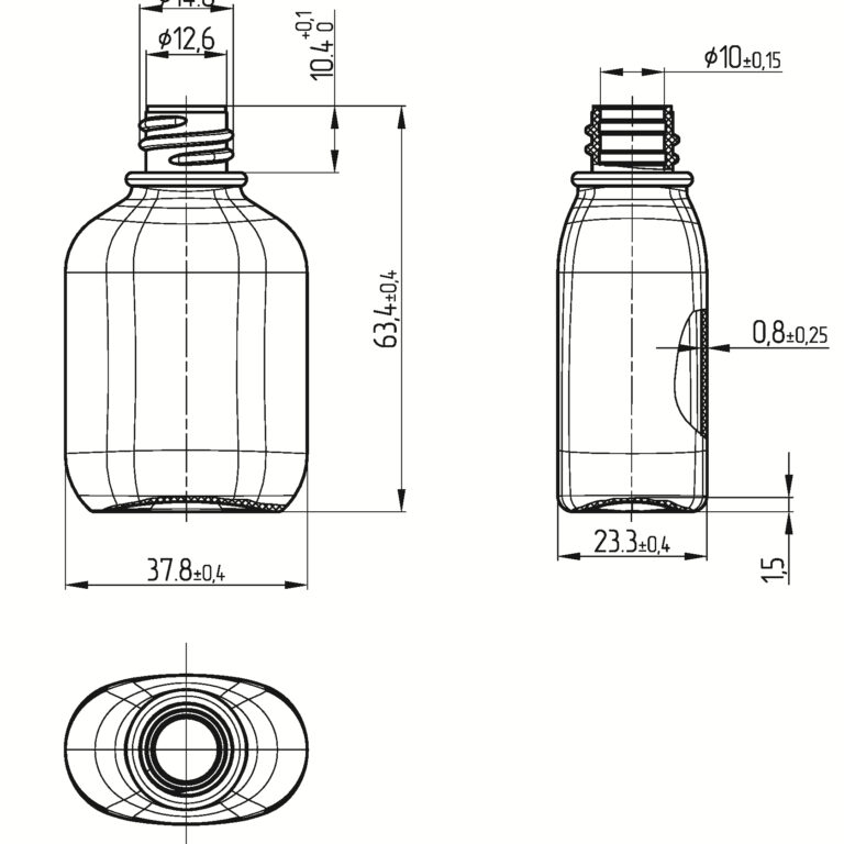 Fs2-20 bottle dimensions, front and side views