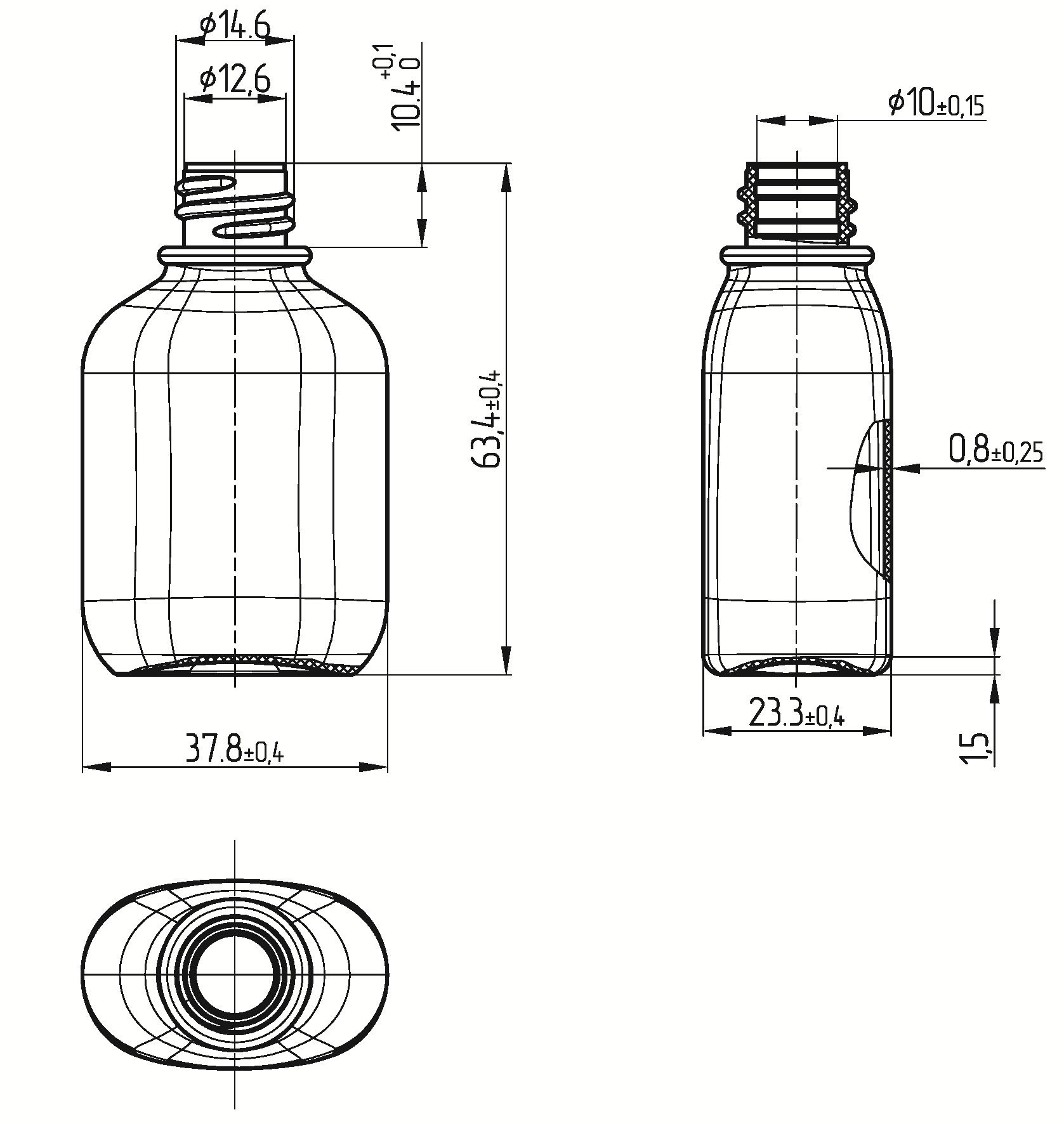 Fs2-20 bottle dimensions, front and side views