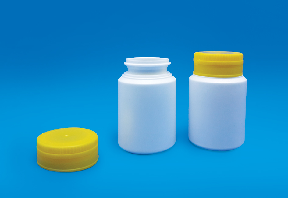 Kp5-45 container set with white HDPE bottles and white and yellow caps