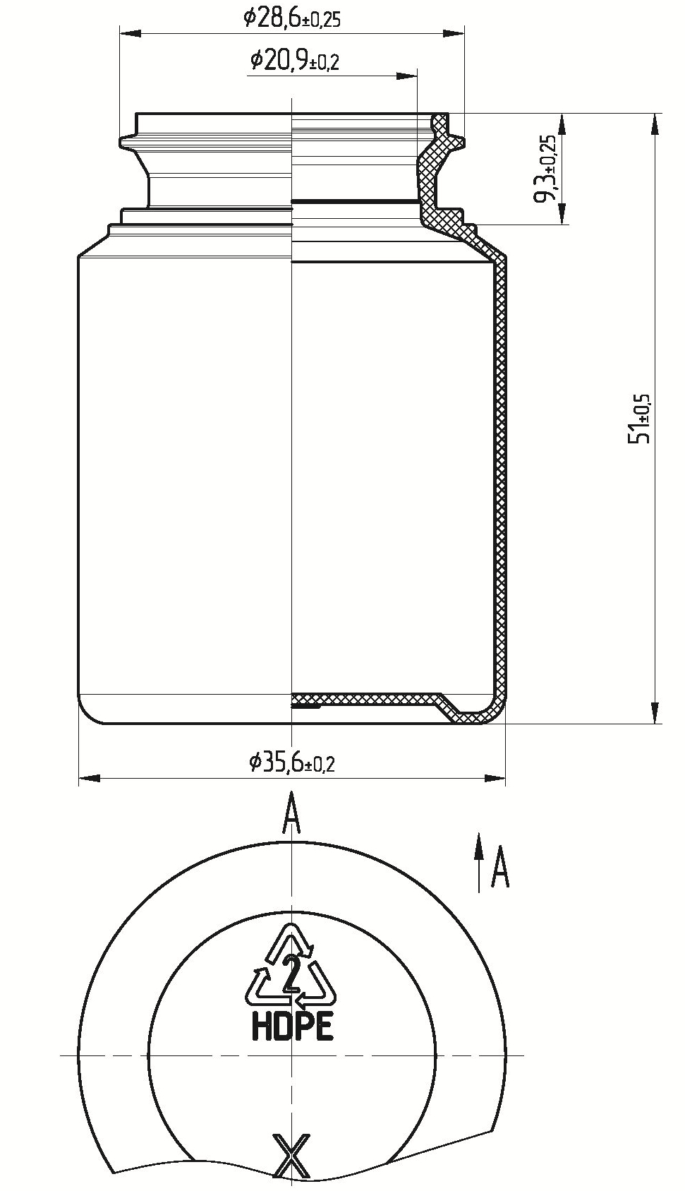 Kp5-45 bottle technical drawing with dimensions