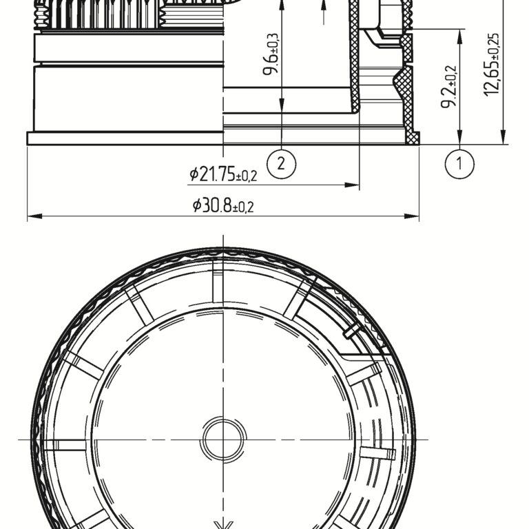 One-piece 1.L snap-on cap with tear-off band, technical drawing