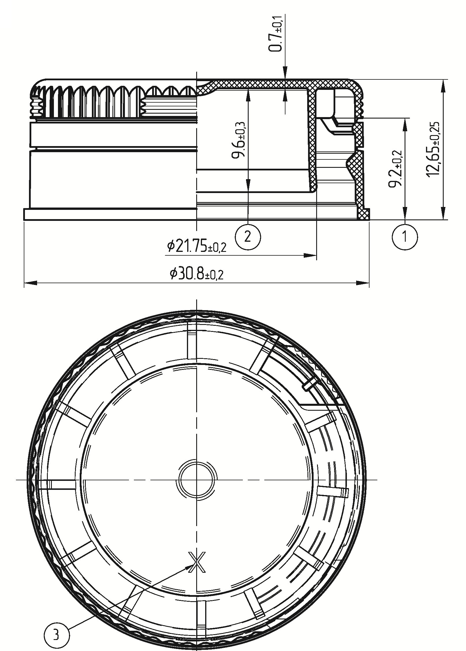 One-piece 1.L snap-on cap with tear-off band, technical drawing