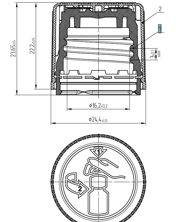 технічне креслення: Креслення кришки CRC18-TE12-0035/0037/FL із розрізом, розмірами та піктограмою відкривання