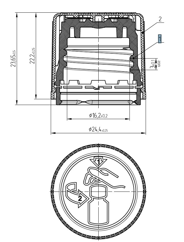 технічне креслення: Креслення кришки CRC18-TE12-0035/0037/FL із розрізом, розмірами та піктограмою відкривання